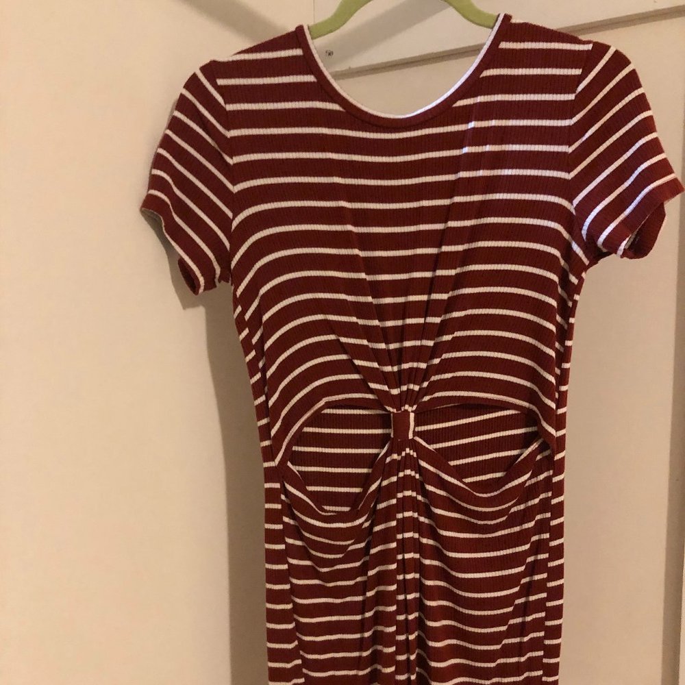 Dark Red and White Striped Short Sleeved Cut Out Dress Size S